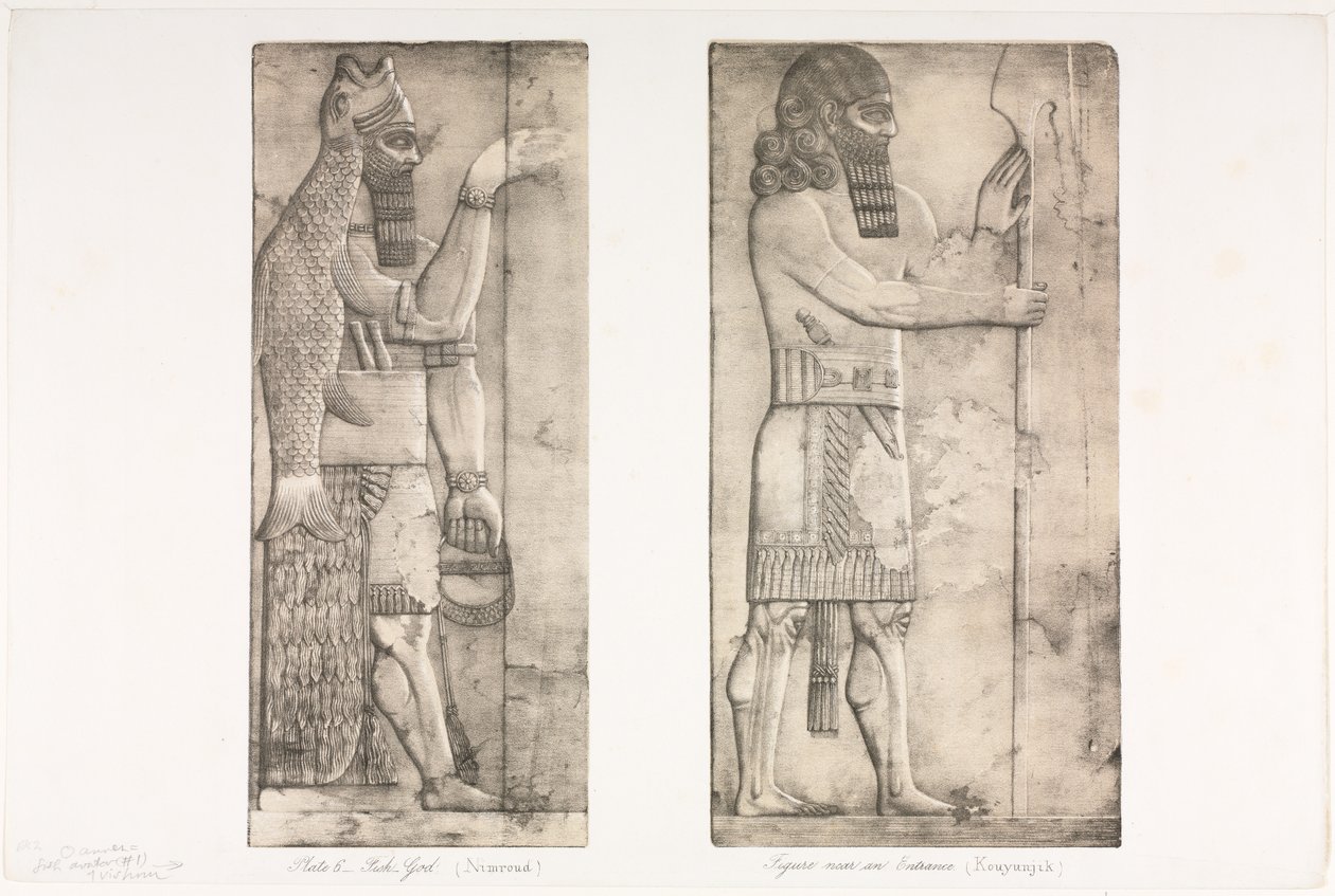 Monumenter av Ninevah: Plate 6, fiskeguden Nimroud, figur nær en inngang til Kouyunjik, 1853. av Austen Henry Layard