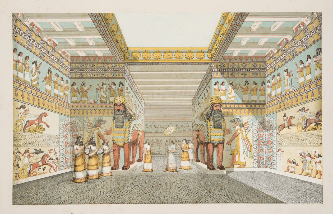 Rekonstruksjon av hallen til et assyrisk palass, fra Monuments of Nineveh, pub. 1849 (håndfarget gravering) av Austen Henry Layard