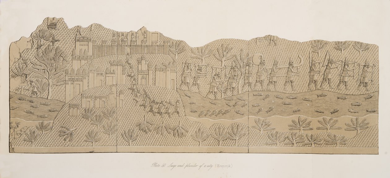 Beleiring og plyndring av en by (Kouyunjik), fra Monuments of Nineveh, pub. 1849 av Austen Henry Layard