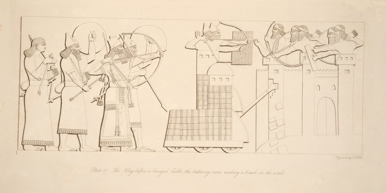 Kongen foran et beleiret slott, slagramen gjør et brudd i veggene, fra Monuments of Nineveh, pub. 1849 av Austen Henry Layard