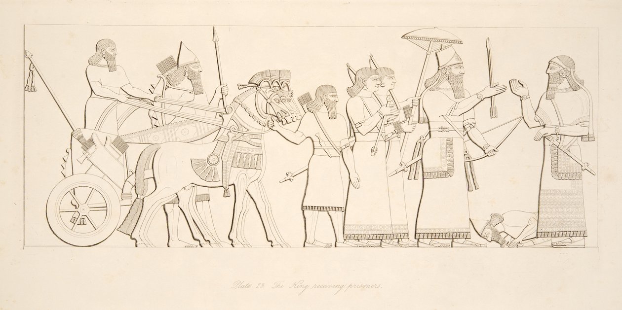 Kongen mottar fanger, fra Monuments of Nineveh, pub. 1849 av Austen Henry Layard