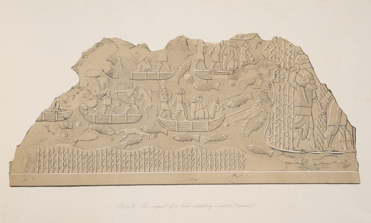 Erobringen av en stamme som bor i en myr (Kouyunjik), fra Monuments of Nineveh, pub. 1849 av Austen Henry Layard
