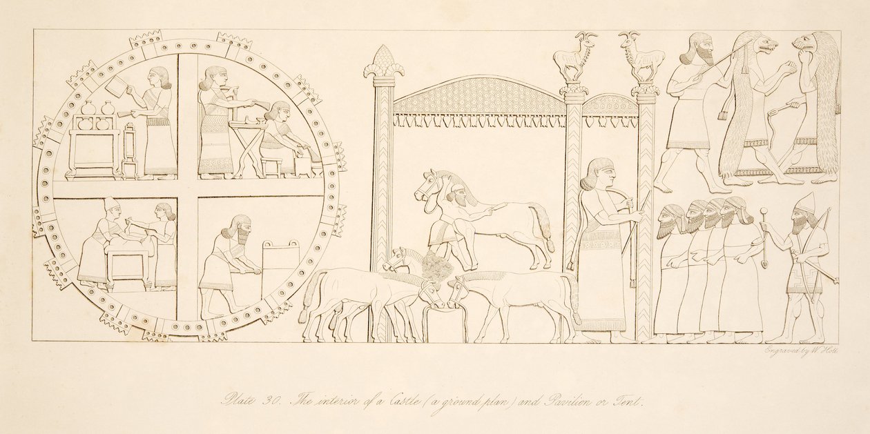 Interiøret i et slott (en grunnplan) og paviljong eller telt, fra Monuments of Nineveh, pub. 1849 av Austen Henry Layard