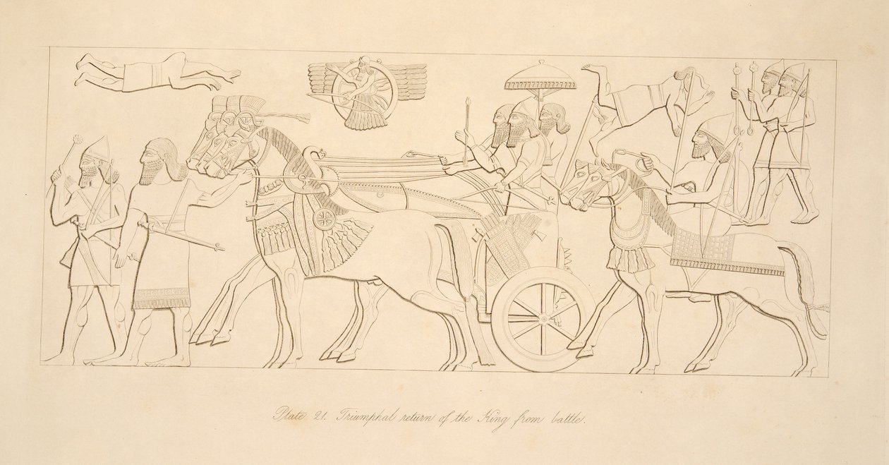 Triumferende tilbakekomst av kongen fra kamp, fra Monuments of Nineveh, pub. 1849 av Austen Henry Layard