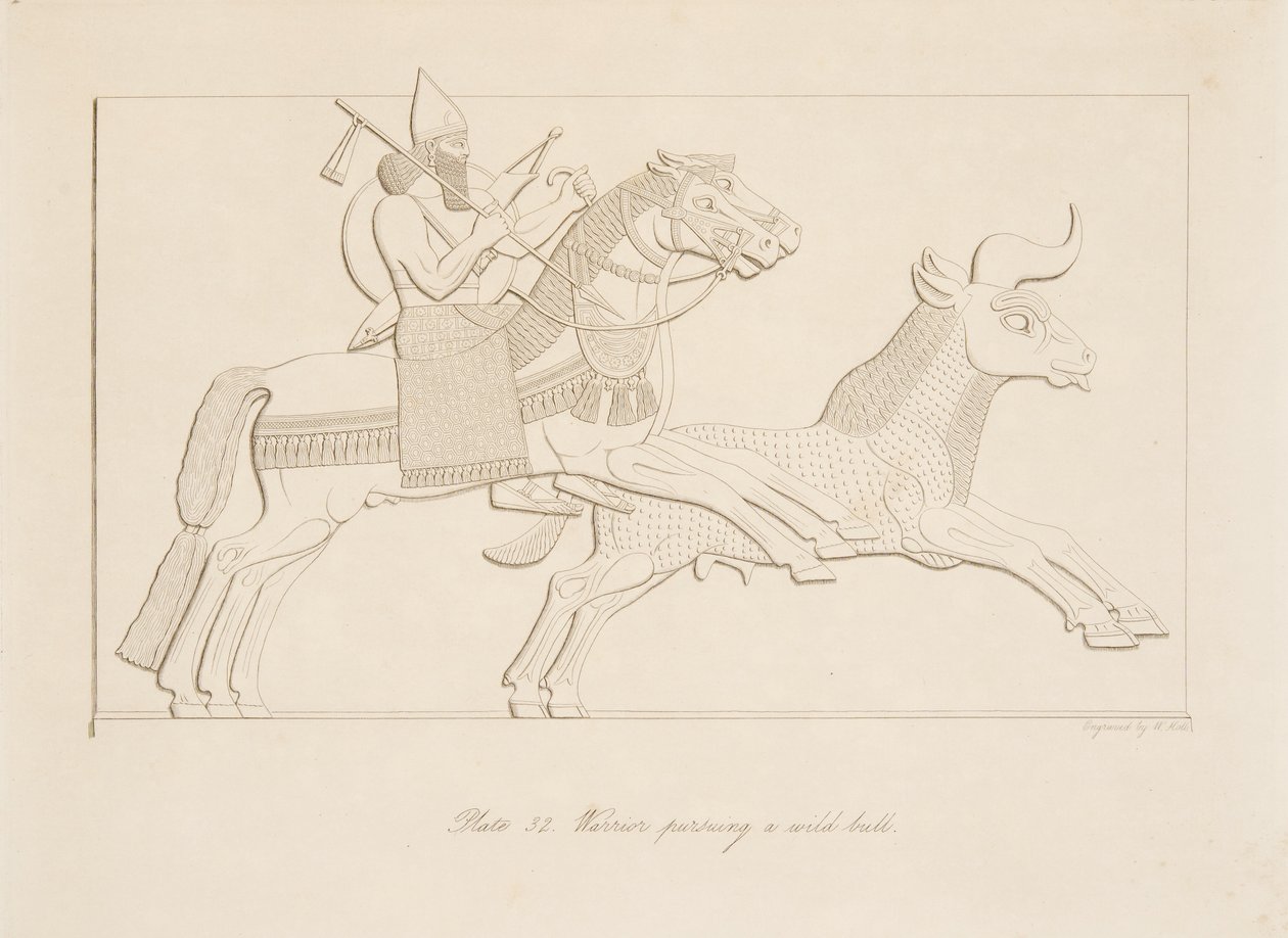 Kriger som forfølger en vill okse, fra Monuments of Nineveh, pub. 1849 av Austen Henry Layard