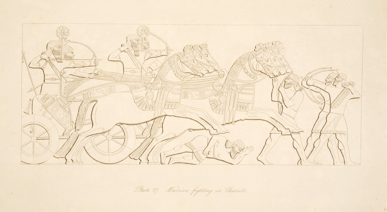 Krigere som kjemper i Chariots, fra Monuments of Nineveh, pub. 1849 av Austen Henry Layard