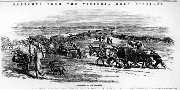 Reise til Diggings, fra Skisser fra Victoria Gold Diggings (penn og blekk) av Australian School