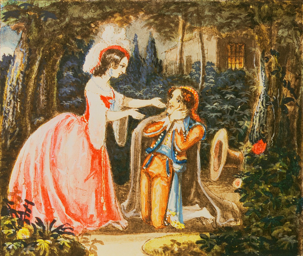 Grev Almaviva kneler foran sin kone i anger, akt IV, fra "The Marriage of Figaro" av Wolfgang Amadeus Mozart (1756-91) av Austrian School