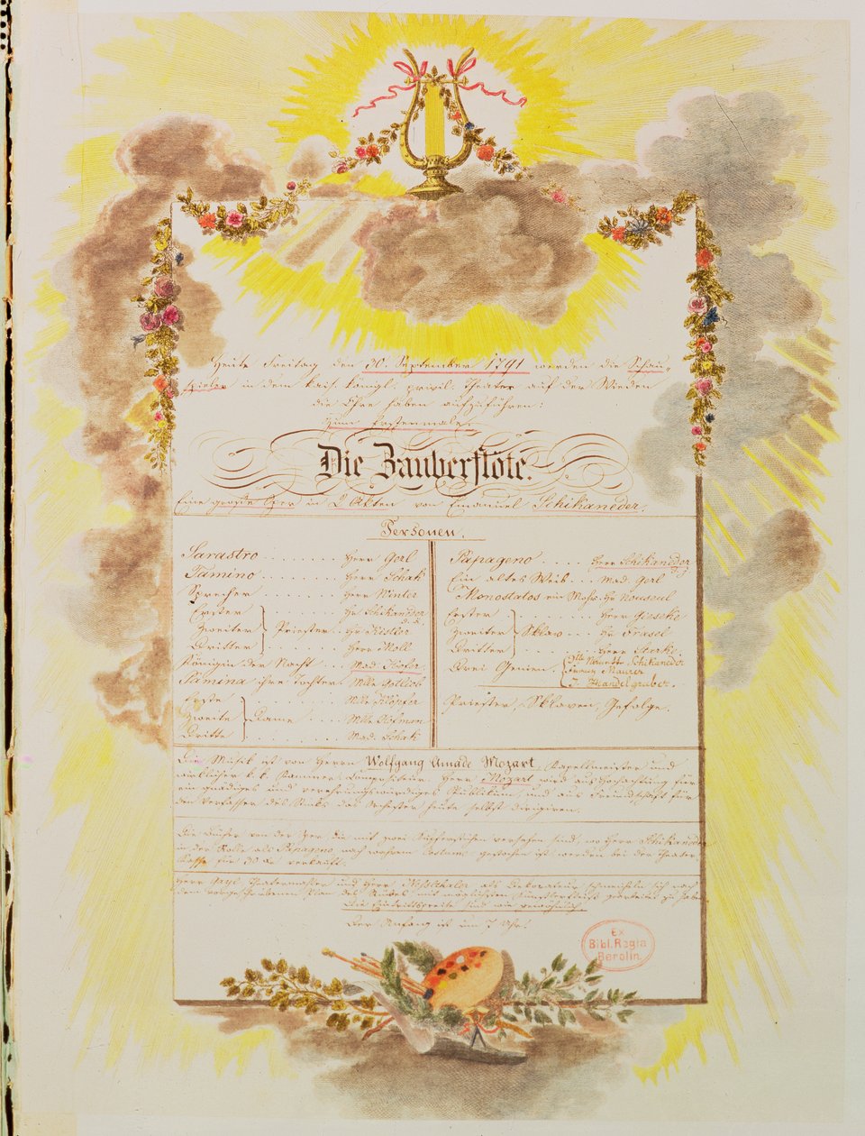 Play-bill for verdens fremste forestilling i Wien av "Tryllefløyten" av Wolfgang Amadeus Mozart 30. september 1791 av Austrian School