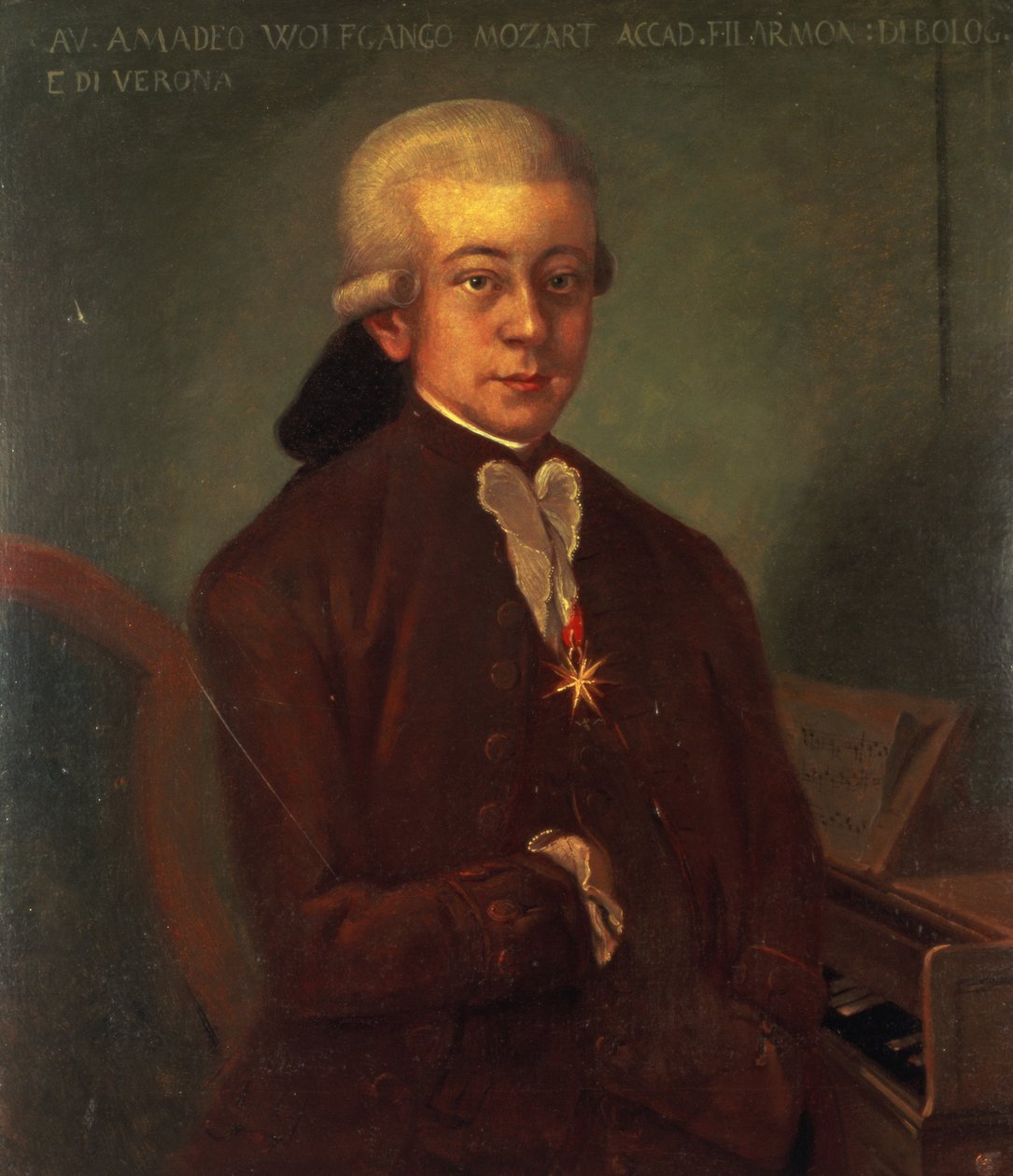 Portrett av Wolfgang Amadeus Mozart (1756-91) iført Den gyldne sporreorden, 1777 av Austrian School