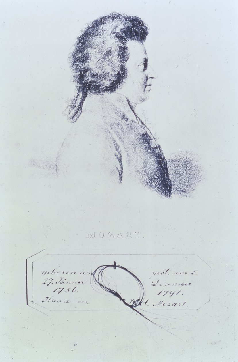Portrett av Wolfgang Amadeus Mozart (1756-91) med en hårlokk festet under av Austrian School