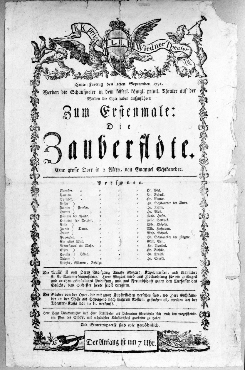 Plakat som reklamerer for premieren på "Tryllefløyten" av Wolfgang Amadeus Mozart på Freihaustheater (nå Theater an der Wien), 1791 av Austrian School