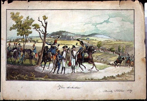 En prosesjon av habsburgske soldater i et landskap av Austrian School