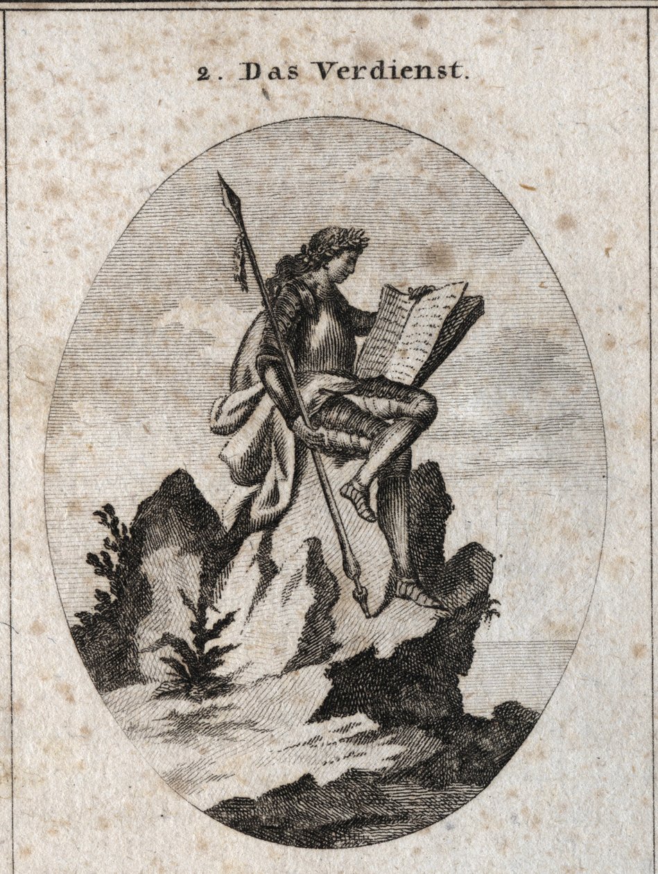 Allegorie du merite representerer på toppen av en steinbratt med våpen og en bok som symboliserer det som et resultat av hans arbeider og studier. Gravering i "" ikonologi eller ideer fra feltet lidenskaper og allegorier avbildet for tegning av Austrian School