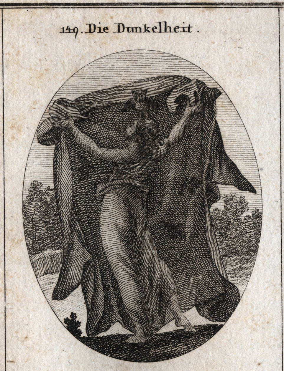 Allegory of Darkness. It extends a dark veil with which it prevents the penetration of light. Its attributes are the owl and other night birds. Engraving in “” Iconologie oder Ideen aus dem Gebiete der Leidenschaften und Allegorien bildich dargestellt fur  av Austrian School