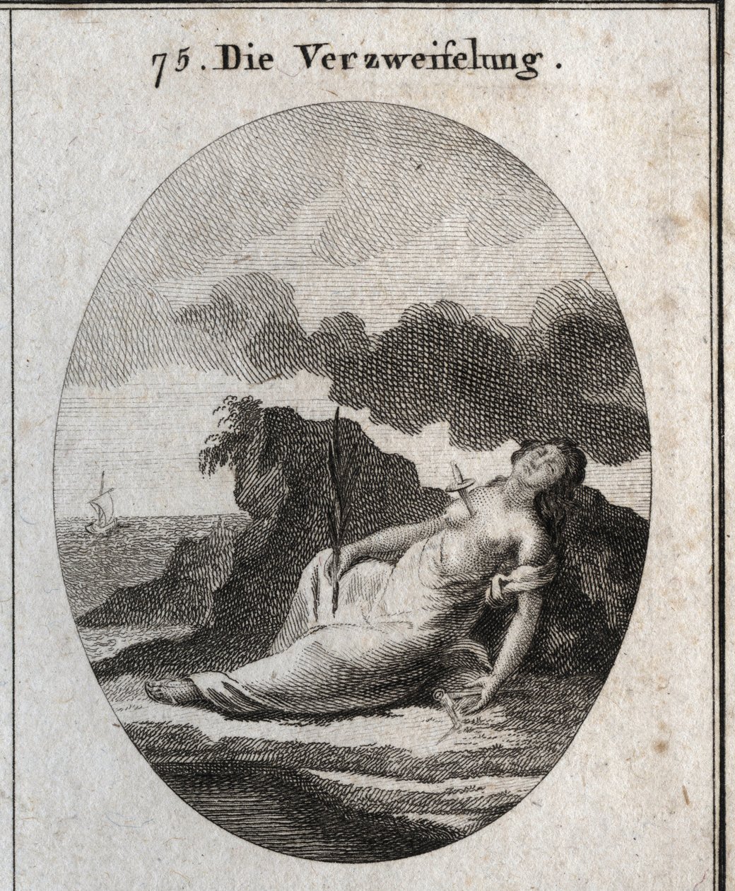 Allegory of Desperation depicts a dagger in the breast and a branch of cypers in the hand (tree that once adorned the tombs). The breeze compas is the emblem of the disorder of thought. Engraving in “” Iconologie oder Ideen aus dem Gebiete der Leidenschaft av Austrian School