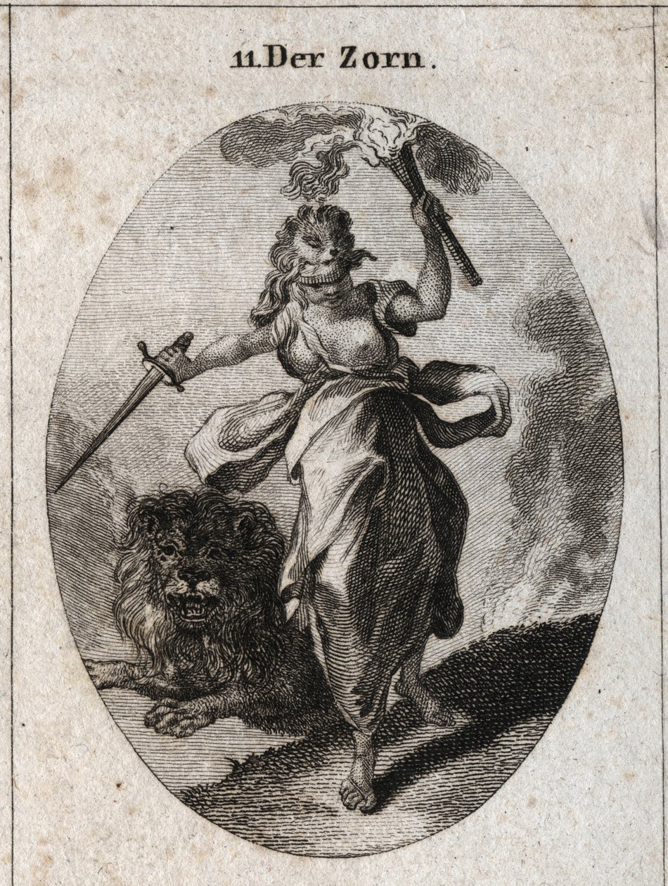 Allegori om sinne representert i en rastløs holdning, et bind for øynene, et sverd og en fakkel i hendene. Den er kledd med bjørneskinn og løven bak den er furiositt. Gravering i "" Iconologie oder Ideen aus dem Gebiete der Leidenschaften und Allegorien av Austrian School