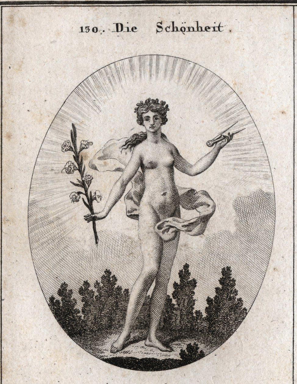 Allegory of beauty. The compas is the emblem of the accuracy of proportions. The lily is the symbol of beauty. Engraving in “” Iconologie oder Ideen aus dem Gebiete der Leidenschaften und Allegorien bildich dargestellt fur Zeichner, Mahler, Dichter, Gelehr av Austrian School