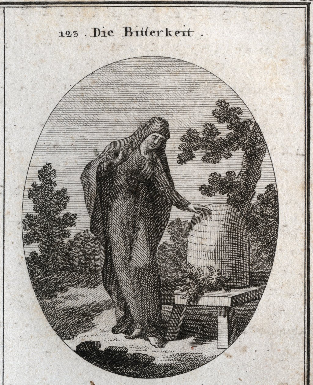 Allegory of bitterness. She looks sadly at an absynth plant that germinated in a honey hive. Engraving in “” Iconologie oder Ideen aus dem Gebiete der Leidenschaften und Allegorien bildich dargestellt fur Zeichner, Mahler, Dichter, Gelehrte, Erzieher und f av Austrian School