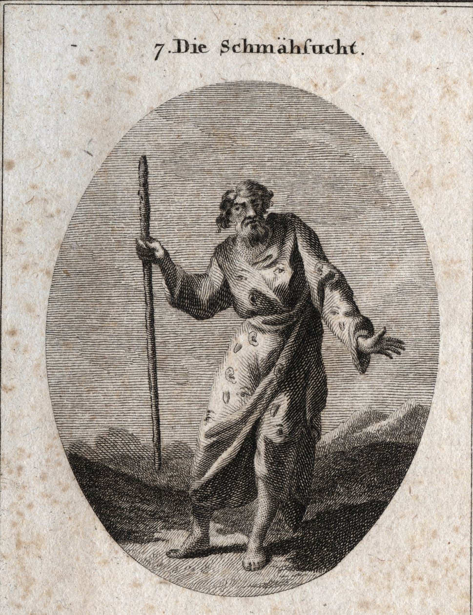 Allegory of blame represents by Momus the God of satyre and reprimand as an old man speaking and striking the earth. His clothing is strewn with ears, eyes and tongues. Engraving in “” Iconologie oder Ideen aus dem Gebiete der Leidenschaften und Allegorien av Austrian School