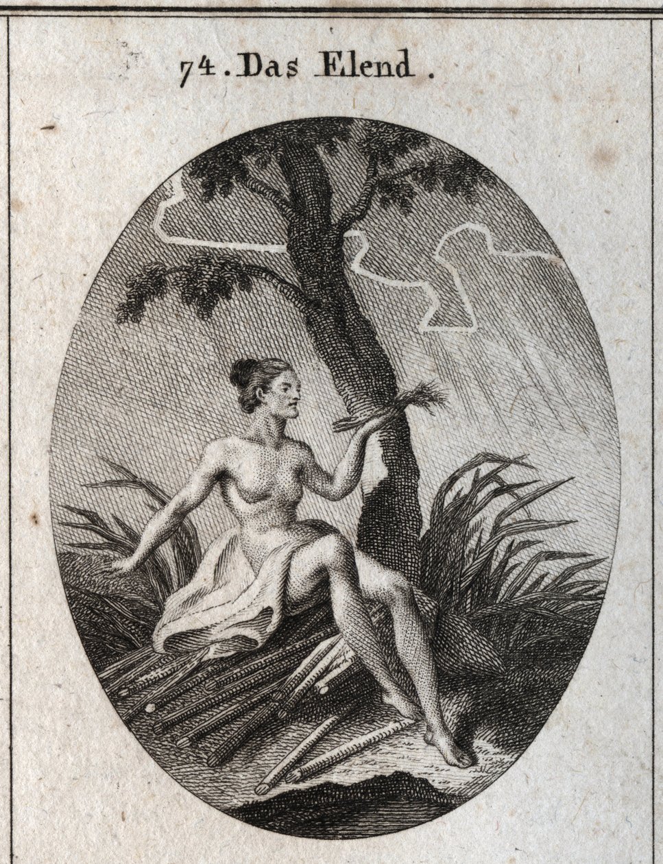 Allegory of calamite. She sits on breezes whose fragility is the image of the instability of fortune and the miseries of life. Engraving in “” Iconologie oder Ideen aus dem Gebiete der Leidenschaften und Allegorien bildich dargestellt fur Zeichner, Mahler, av Austrian School