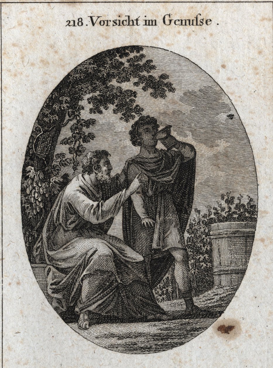 Allegori om forsiktighet mens du nyter. En filosof advarer oss om at vintreet produserer tre slags druer: nytelsens, beruselsens og doulers og galskapen. Gravering i "" Iconologie oder Ideen aus dem Gebiete der Leidenschaften und All av Austrian School