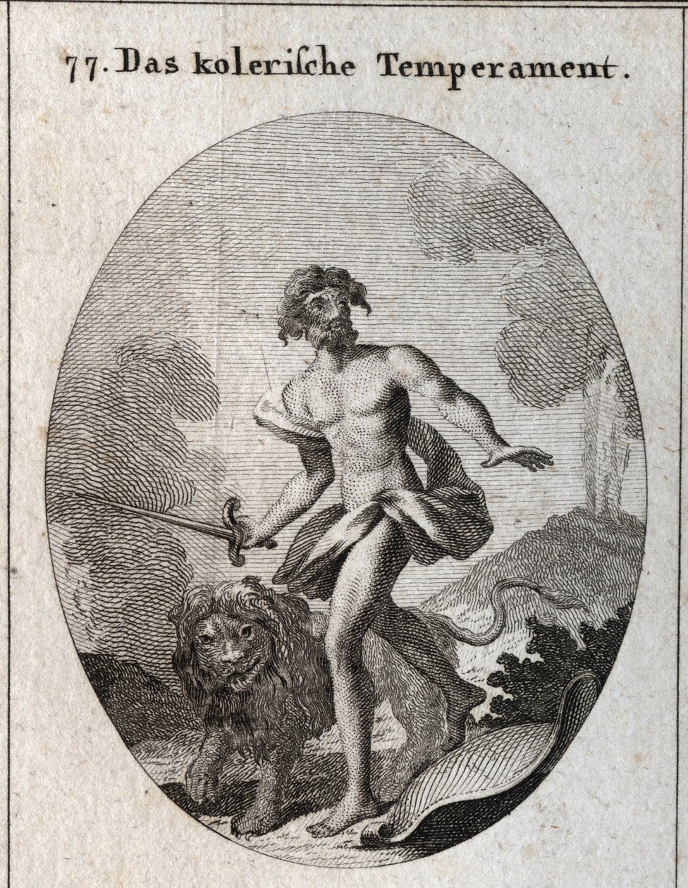 Allegory of coleric complexion. He holds a sword to attack and just threw his shield forgetting to defend himself. His attribute and a threatening lion. Engraving in “” Iconologie oder Ideen aus dem Gebiete der Leidenschaften und Allegorien bildich dargest av Austrian School