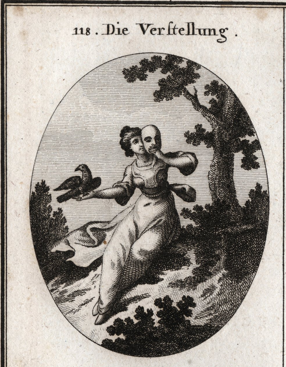 Allegori om fortielse. Hun dekker ansiktet med en maske, emblem på den falske. Dens egenskap er en skjære, både hvit og svart, og dens kjærtegn er blandet med nebb. Gravering i "" Iconologie oder Ideen aus dem Gebiete der Leidenschaften und Allegorien av Austrian School