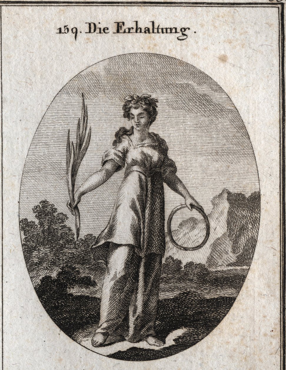 Allegori om bevaring. Sedergrenen er uforgjengelig, men er også emblemet for bevaring og sirkelen for arvefølgen. Hun bærer en krone av aromatiske planter som ble brukt av egypterne for å bevare de døde. Gravering i "" Icono av Austrian School