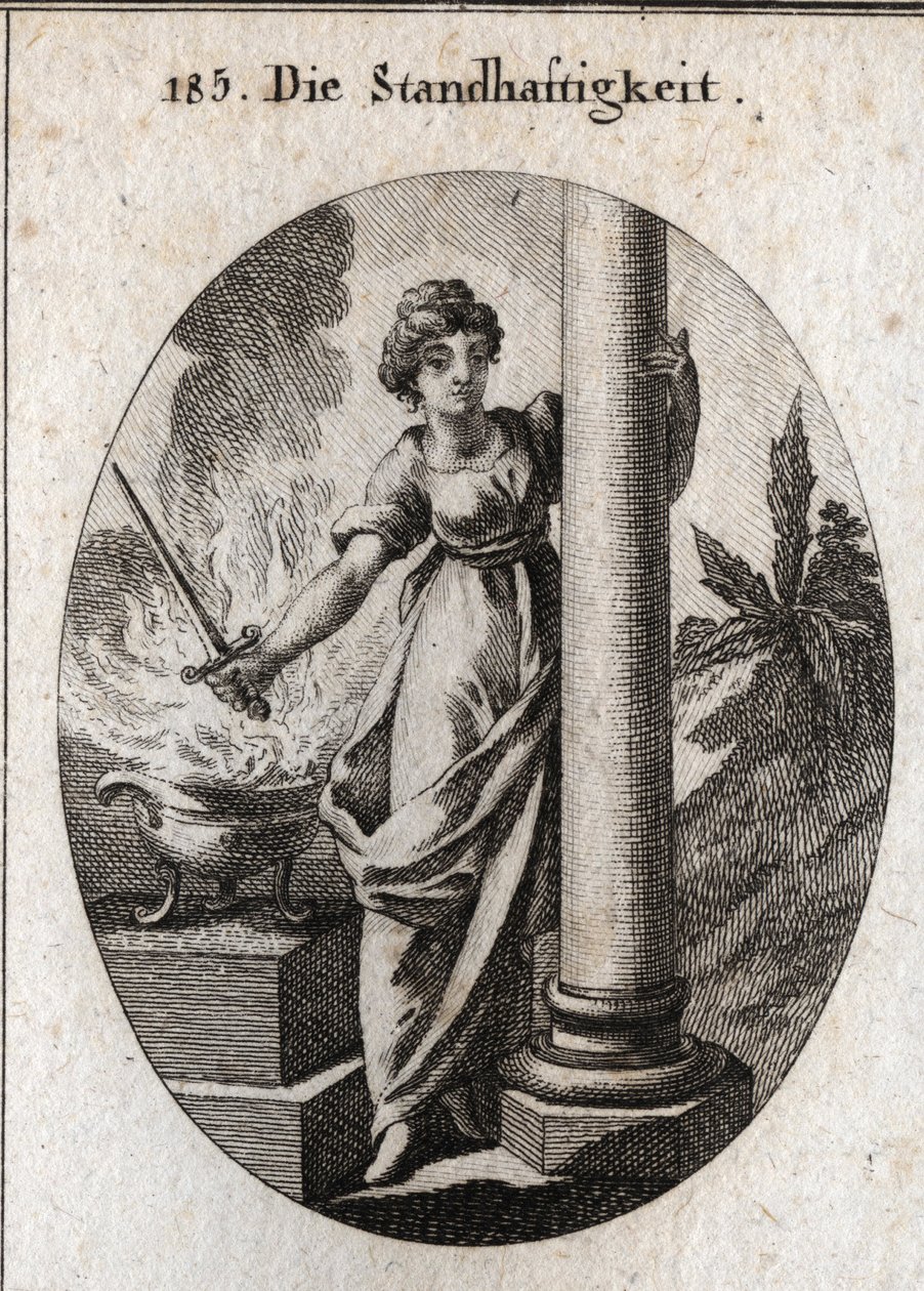 Allegory of constancy. She holds a sword over a burning fire. The column it embraces is the attribute of the farm. Engraving in “” Iconologie oder Ideen aus dem Gebiete der Leidenschaften und Allegorien bildich dargestellt fur Zeichner, Mahler, Dichter, Ge av Austrian School