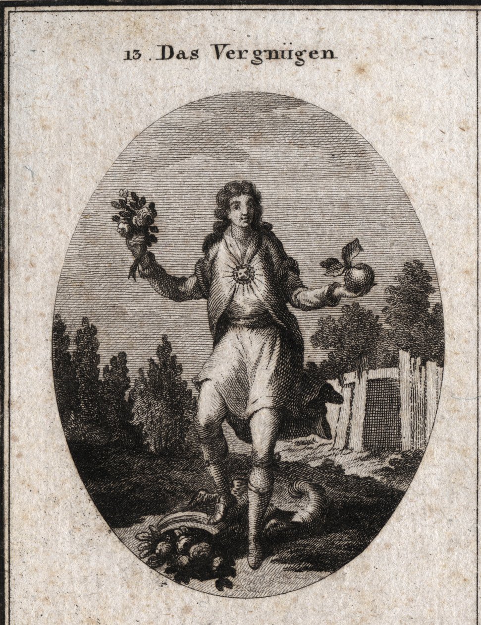Allegori om tilfredshet representert av en ung mann som holder et gyllent eple med den ene hånden og en blomsterbukett på den andre. De viser at alt som omgir ham deltar i gleden hans, som symboliseres av rubinen som stråler på brystet hans. Det er av Austrian School