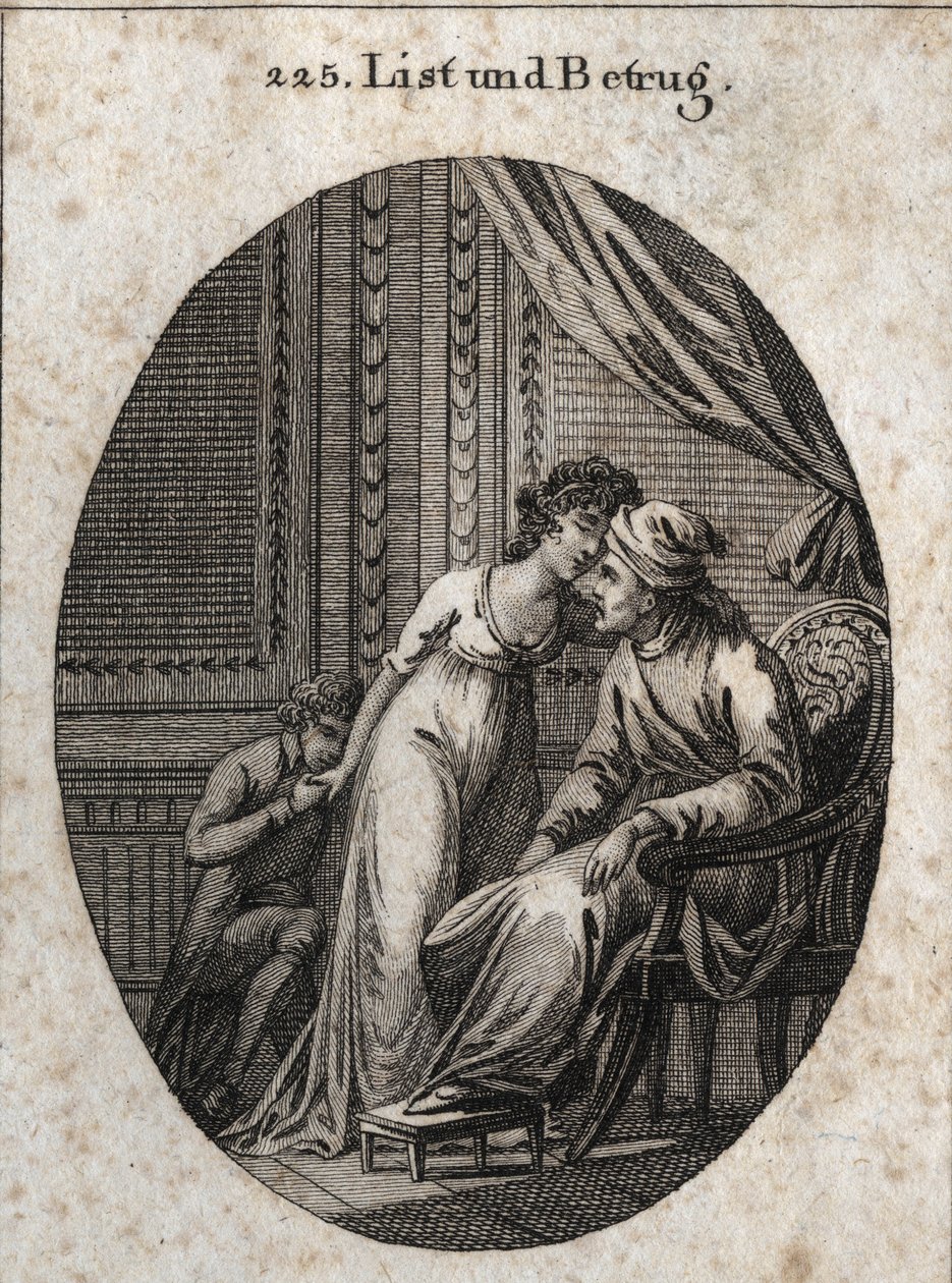 Allegori om list og bedrag. Uttrykk: Hvem gir deg flere kjærtegn enn vanlig, det er et tegn på at han har lurt deg eller at han vil lure deg. Gravering i "" Iconologie oder Ideen aus dem Gebiete der Leidenschaften und Allegorien bildich av Austrian School
