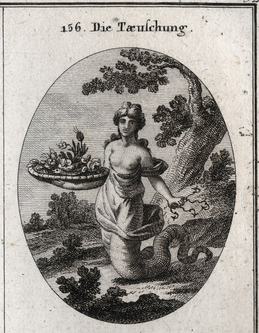 Allegori om bedrag. Blant blomstene i kurven er en slange. Hun holder cacher bak seg flere hamecons. Bena hennes ender i en slangehale for å vise at hun kryper for å nå målene. Gravering i "" Iconologie oder Ideen aus dem Gebiete der Leidenschaf av Austrian School