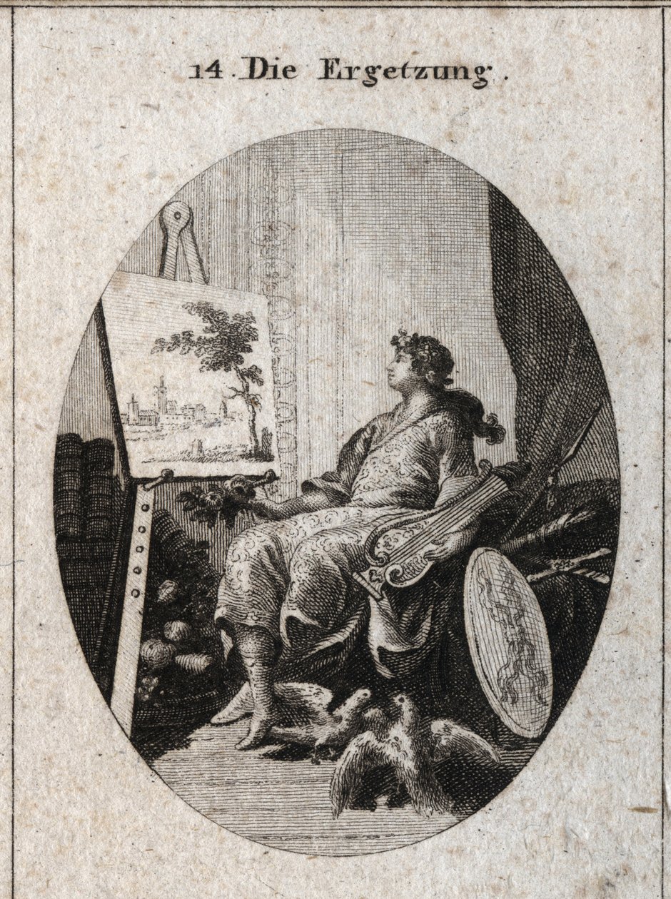 Allegori om behag representert av en ung mann som holder en lyre nær et maleri med frukt, bøker, våpen og to kolombenter som kjærtegner hverandre, alt symboliserer sansenes sjarm. Gravering i "" Iconologie oder Ideen aus dem Gebiete der Leid av Austrian School
