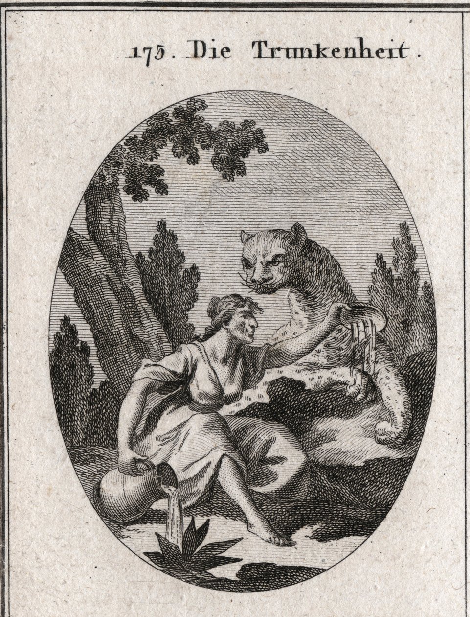 Allegory of drunkenness. She holds a jug and a cup full of wine that she leaves. Its symbol is a panthere symbol of the fury of drunkenness. Engraving in “” Iconologie oder Ideen aus dem Gebiete der Leidenschaften und Allegorien bildich dargestellt fur Zei av Austrian School