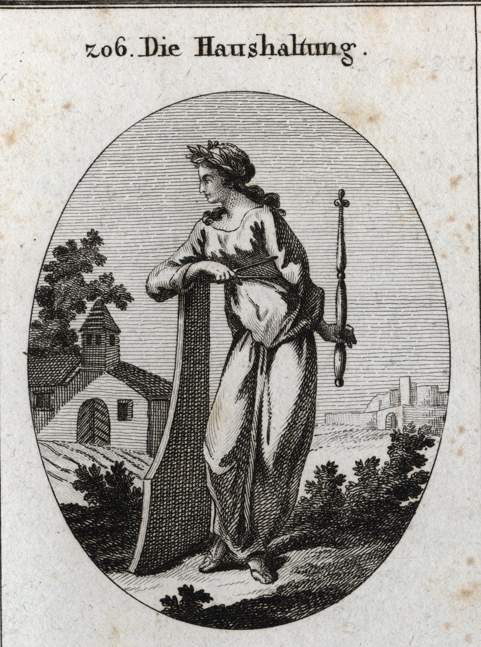 Allegori om økonomi. Den er kronet med en olivengren som symboliserer fred. Den lener seg på et ror og holder et septer og kompas, maktemblemer og den eksakte regjeringen. Gravering i "" Iconologie oder Ideen aus dem Gebiete der Leidenschaften und Allego av Austrian School