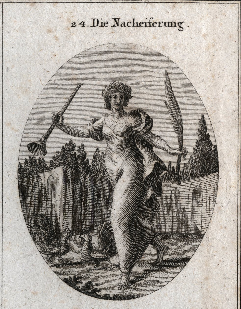Allegory of emulation. The trumpet and palm symbolize the reward attributed to the merite. The attributes are two cockers ready to fight. Engraving in “” Iconologie oder Ideen aus dem Gebiete der Leidenschaften und Allegorien bildich dargestellt fur Zeichn av Austrian School