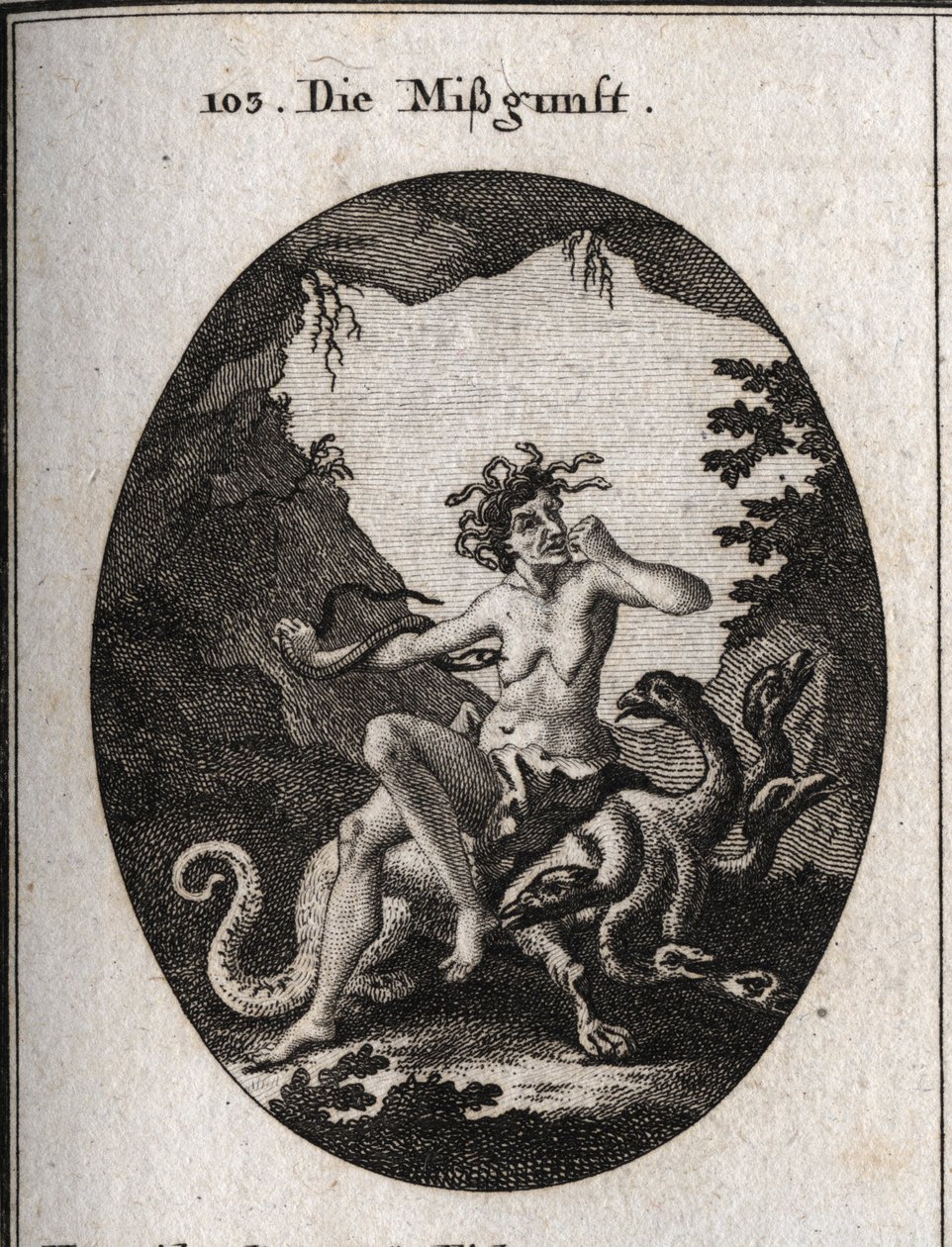 Allegori om misunnelse i form av en veldig stygg gammel kvinne. I raseri biter hun knyttneven og en slange prøver å bite hjertet hennes. Hun sitter på en hydra, et monster som ligner henne. Gravering i "" Iconologie oder Ideen aus dem Gebiete der av Austrian School