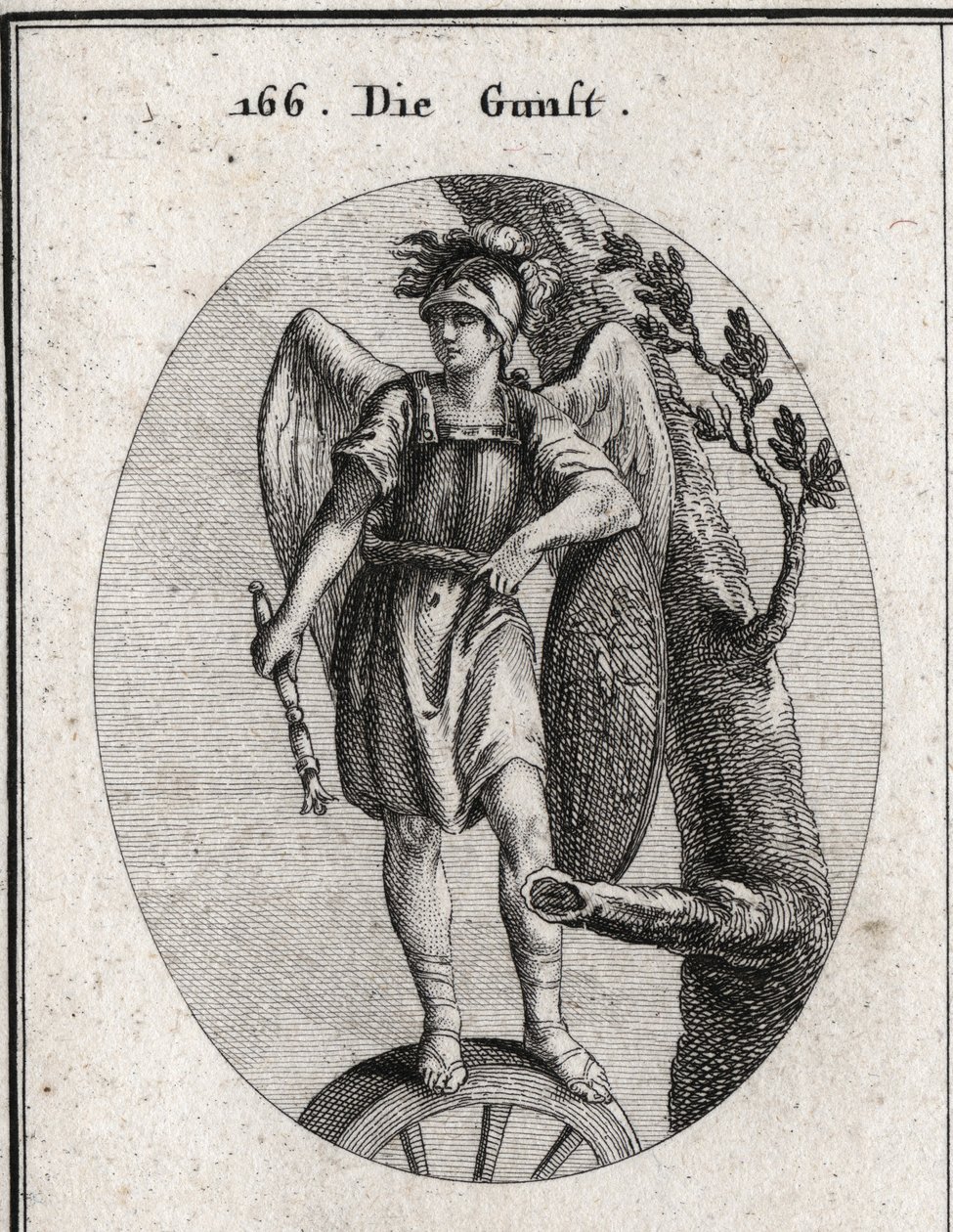 Allegori om gunst avledet fra dyd symbolisert av rustning og vinger, om lykke representert av hjulet og faren representert av skjoldet som Arions eventyr er illustrert på. Septeret faller mot jorden er tegnet til kongene i Per av Austrian School