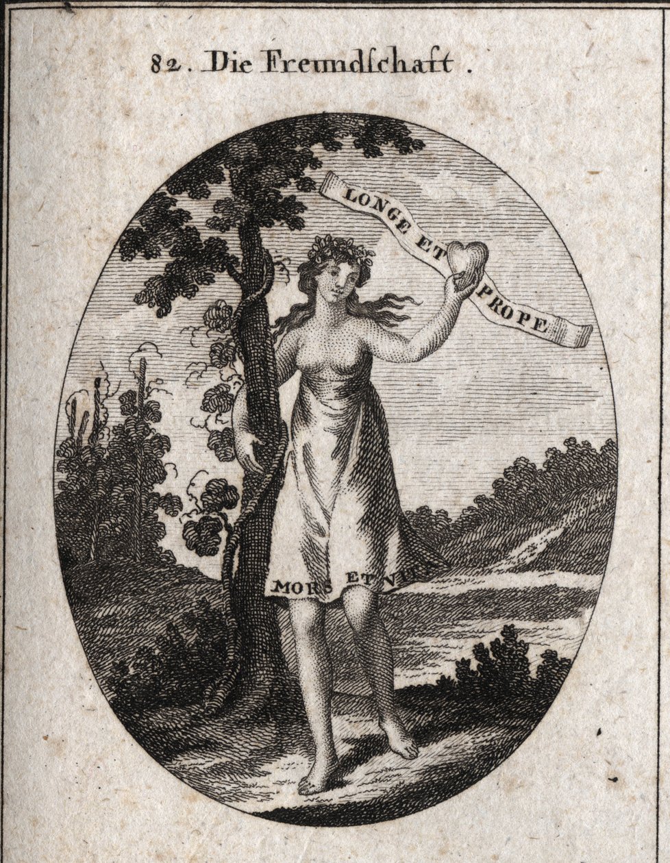 Allegory of friendship. Myrtle and pomegranate flowers on its crown are symbols of love and harmony. It shows a heart with this inscription: “Longe et prope”” (From afar and near). At the bottom of his dress is written “Bitches et vita”” (Death and Life).  av Austrian School