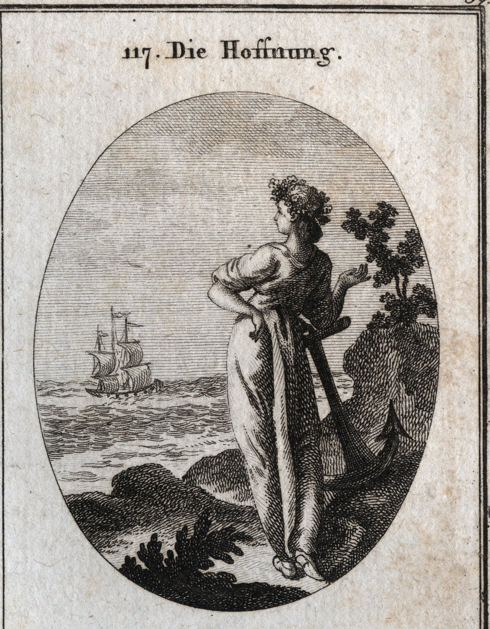 Allegori om håp hviler på et anker og observerer et skip i horisonten. Gravering i "" ikonologi eller ideer fra feltet lidenskaper og allegorier avbildet for tegnere, malere, poeter, lærde, lærere og venner av høyere historie av Austrian School