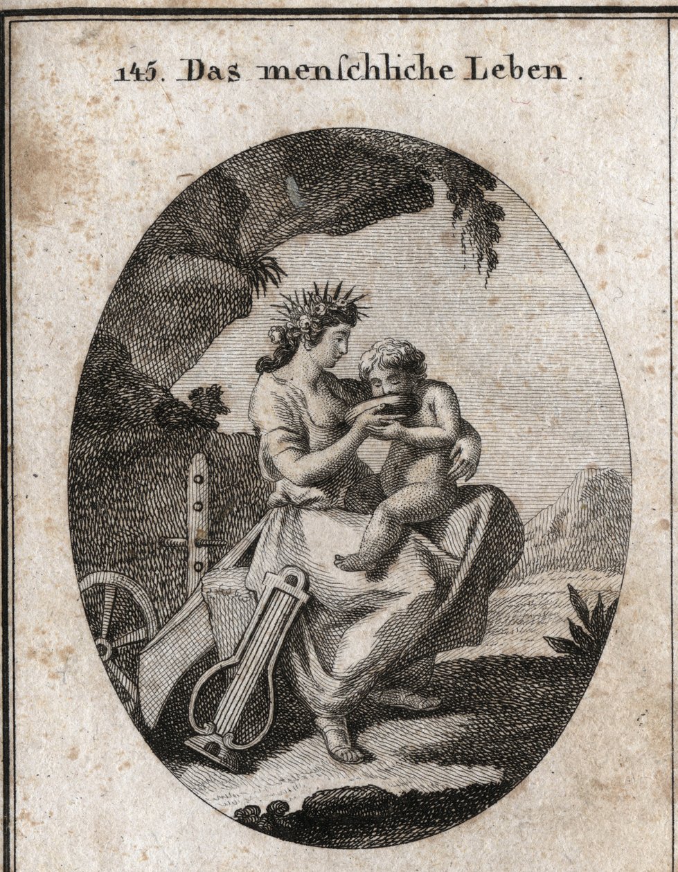 Allegori om menneskeliv. Lyre og charue symboliserer glede og arbeid. Hun gir et barn en drink, nødvendig for å leve. Gravering i "" ikonologi eller ideer fra feltet lidenskaper og allegorier avbildet for tegnere, malere, poeter, ge av Austrian School