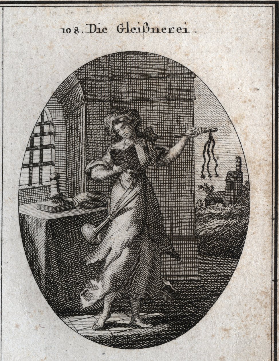 Allegory of hypocrisy holding a prayer book and discipline (swift, whip). The trumpet she has on her shoulder marks that she publishes her good works with emphasis. Engraving in “” Iconologie oder Ideen aus dem Gebiete der Leidenschaften und Allegorien bil av Austrian School