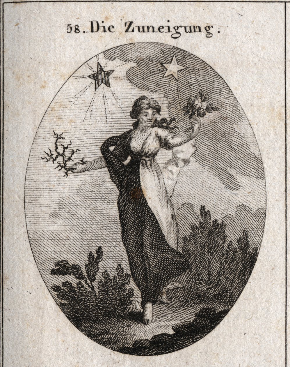 Allegori om tilbøyelighet. Hun holder en bukett roser og en bukett torner og ser ubesluttsom ut i valget. Bak den er en lys og gunstig stjerne (den fra jupiter) og en mørk og skadelig stjerne (den fra Saturn). Gravering i "" Iconologie eller Ideen av Austrian School