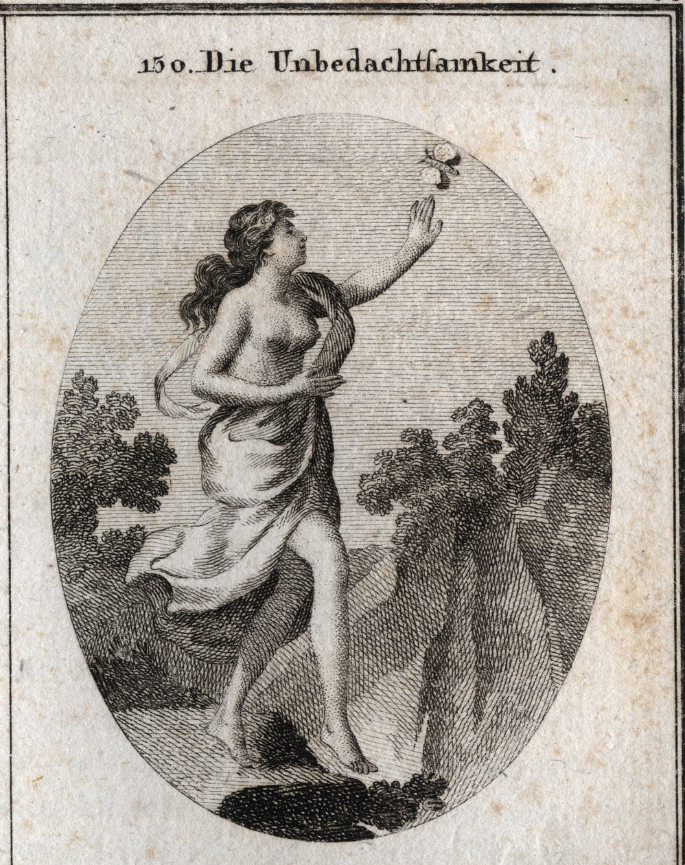 Allegory of inconsideration. She walks looking at a butterfly without seeing that there is a precipice at her feet. The compas and the rules show that she doesn