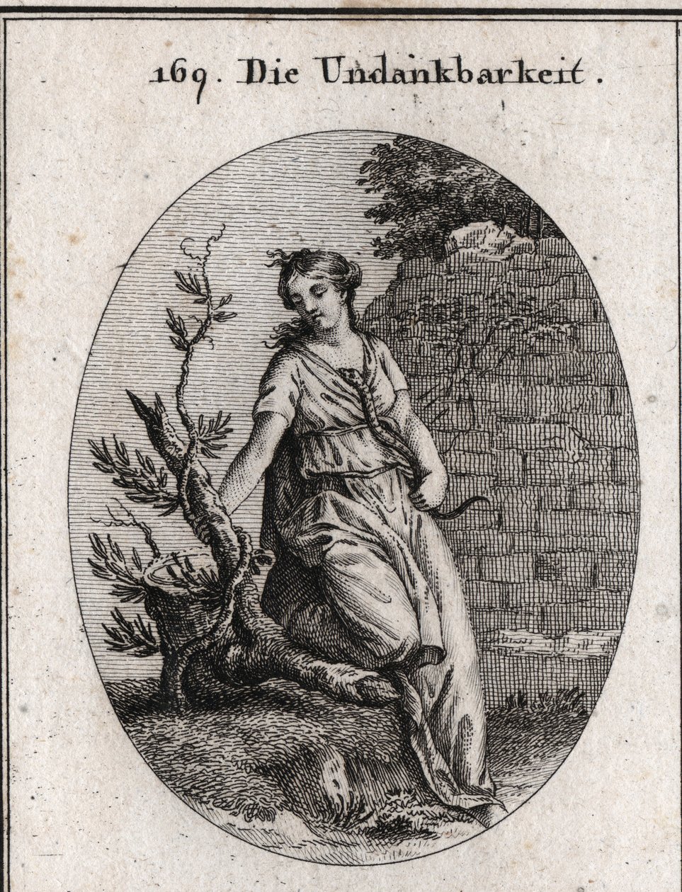 Allegory of ingratitude. A woman who heats a snake in her breast gets bitten. The ivy branch is the symbol of ingratitude as it destroys itself which serves as a support to rise. Engraving in “” Iconologie oder Ideen aus dem Gebiete der Leidenschaften und  av Austrian School