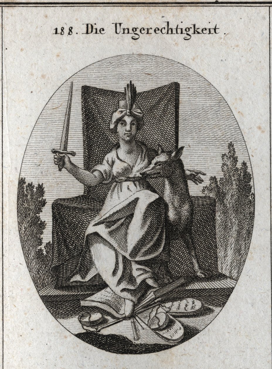 Allegory of injustice. She holds a sword that she rises and croweth at her feet the tables of divine laws and the book of human voices and the scales of justice that are broken. The wolf is the symbol of cruelty of rapine and greed. Engraving in “” Iconolo av Austrian School