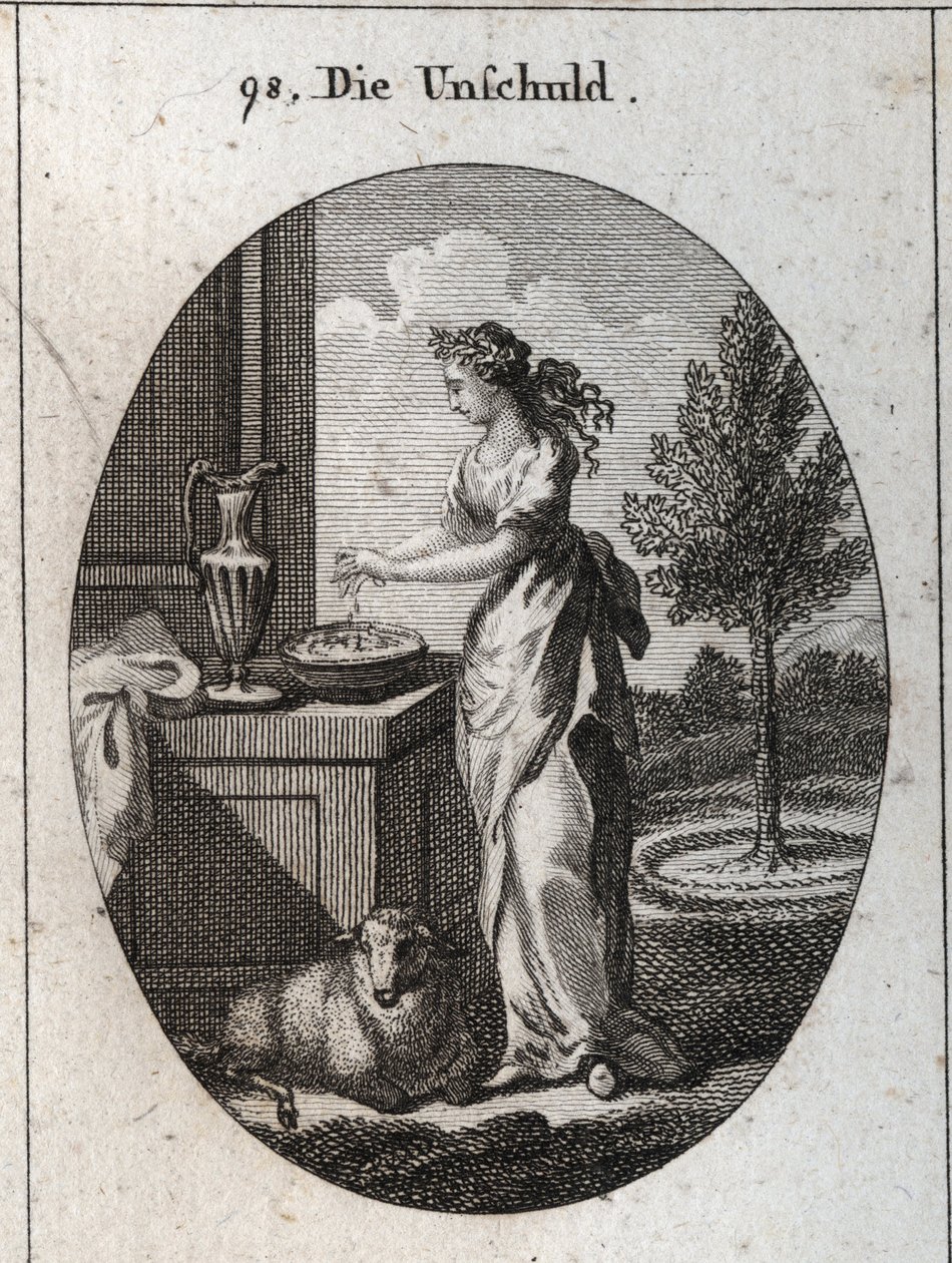 Allegory of innocence crowned with palm to mark that time makes her triumph over the slander that wants to oppress her. Its symbol is the lamb. Hand washing serves to publicly exonerate themselves from false accusations. Engraving in “” Iconologie oder Ide av Austrian School