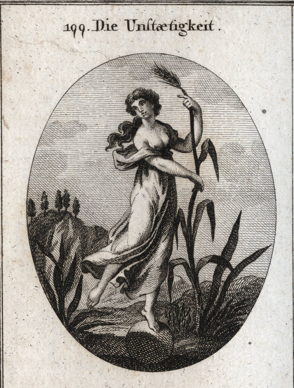 Allegory of instability stirred by the wind. It leans with both hands on a fragile reed and is placed only one foot on a ball. Engraving in “” Iconologie oder Ideen aus dem Gebiete der Leidenschaften und Allegorien bildich dargestellt fur Zeichner, Mahler, av Austrian School