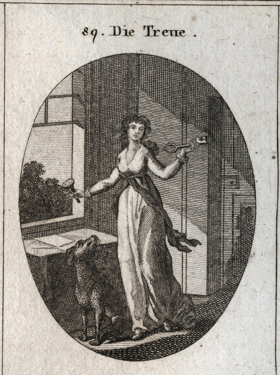 Allegory of loyalty whose symbols are the key, the seal and the dog. Engraving in “” Iconologie oder Ideen aus dem Gebiete der Leidenschaften und Allegorien bildich dargestellt fur Zeichner, Mahler, Dichter, Gelehrte, Erzieher und freunde Hoherer Geschmack av Austrian School